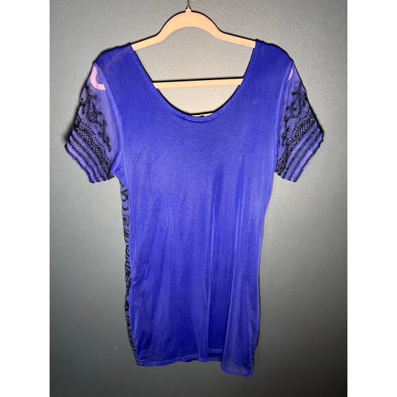 Sacada Blue Black Beaded Short Formal Dress with Sheer Sleeves and Embroidery - Picture 2 of 9